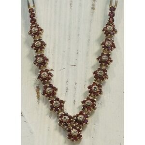 Vintage Victorian Revival Sterling Bohemian Style Garnet Diamond Flower Necklace